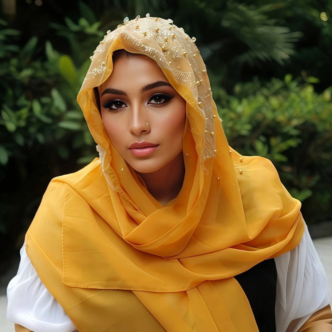 

Soft Chiffon Beaded Rhinestone Shawl Muslim Prayer Turbante Women Long Scarf Fashion Hijab Headscarf