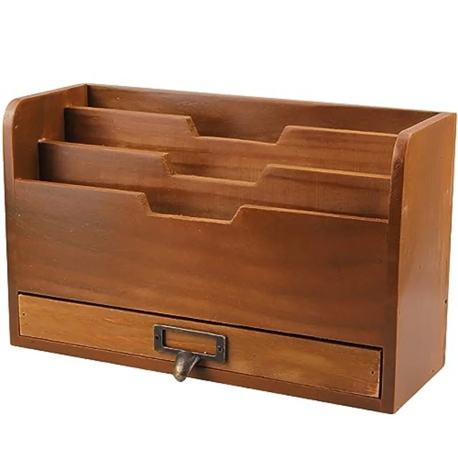 

Деревянный органайзер для рабочего стола в деревенском стиле - вертикальный файловый органайзер с 3 отделениями и 1 выдвижным лотком для бумаг - из древесины красного дерева