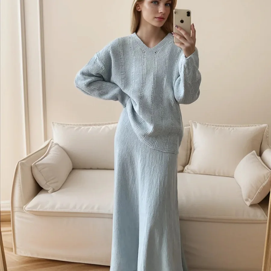 

Autumn Winter Women's Knitted Two Piece Set Solid Color Elegant Loose V-neck Pullover Sweater Fishtail Skirt Sets Knitwear Suits