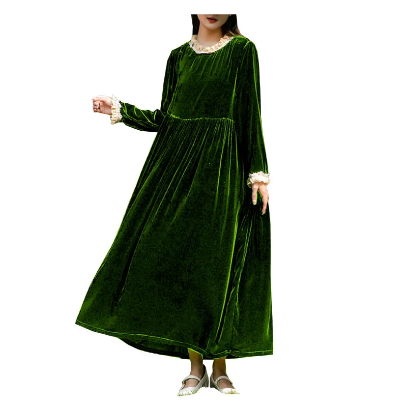 Fengbaoyu-Silk Velvet Dress for Women, Long Sleeve, Lotus Leaf Collar, Plus Size, Comfortable Warm Clothing, Autumn and Winter