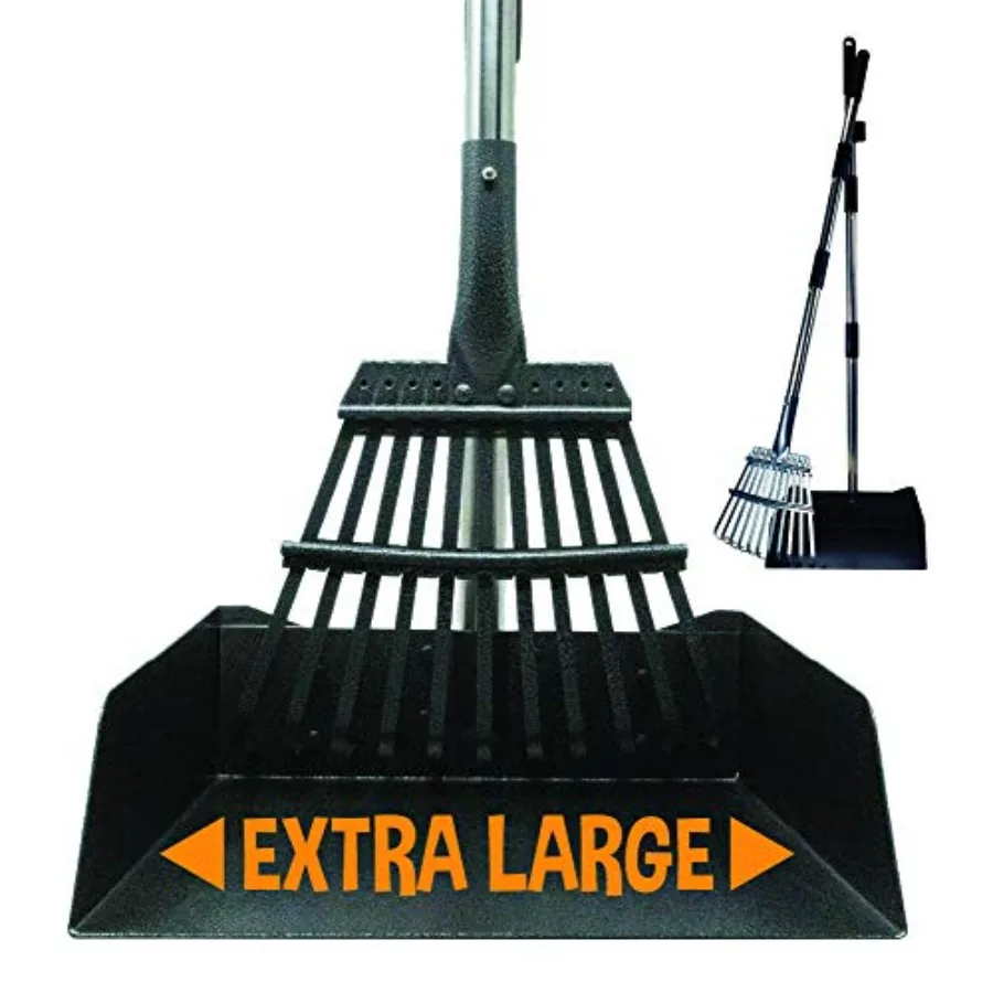

Heavy Duty Metal Poop Scoop for Large Dogs with Long Handle Tray and Rake - Outdoor Yard Grass Street Gravel Pet Waste Cleanup