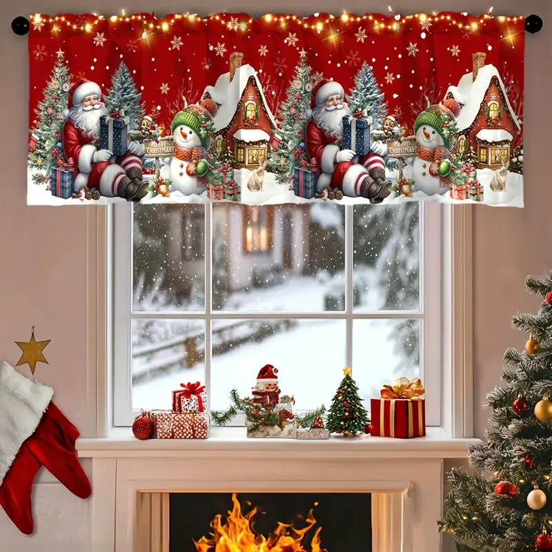 VIKAMA Christmas Window Valance Santa Snowman Xmas Tree Gift Print Short Curtain Kitchen Window Holiday Festive Rod Pocket