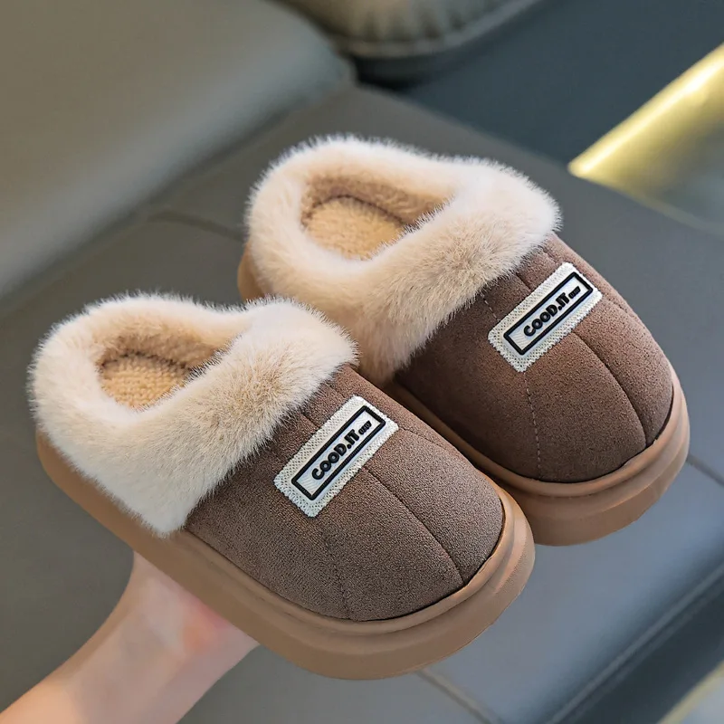 

Хлопковая обувь, зимние тапочки для мальчиков, домашние плюшевые теплые парные хлопковые туфли с бантом, уличная детская обувь на нескользящей платформе
