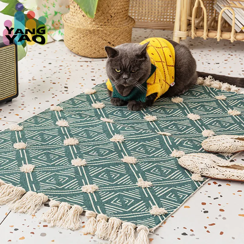 

Retro Bohemian Hand Woven Cotton Linen Carpet Tassel Rug Geometric Floor Mat Bedroom Tapestry Decorative Blanket Area Rug