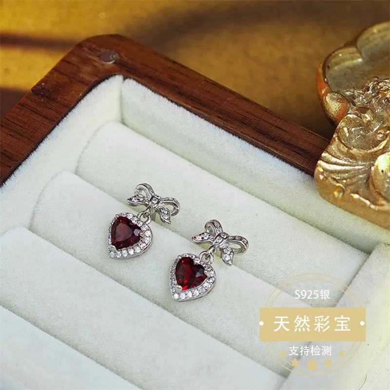 Original 925 Real Sterling Silver Natural Heart Shape Garnet Drop Earrings for Women Birthday Gift for Women Lady
