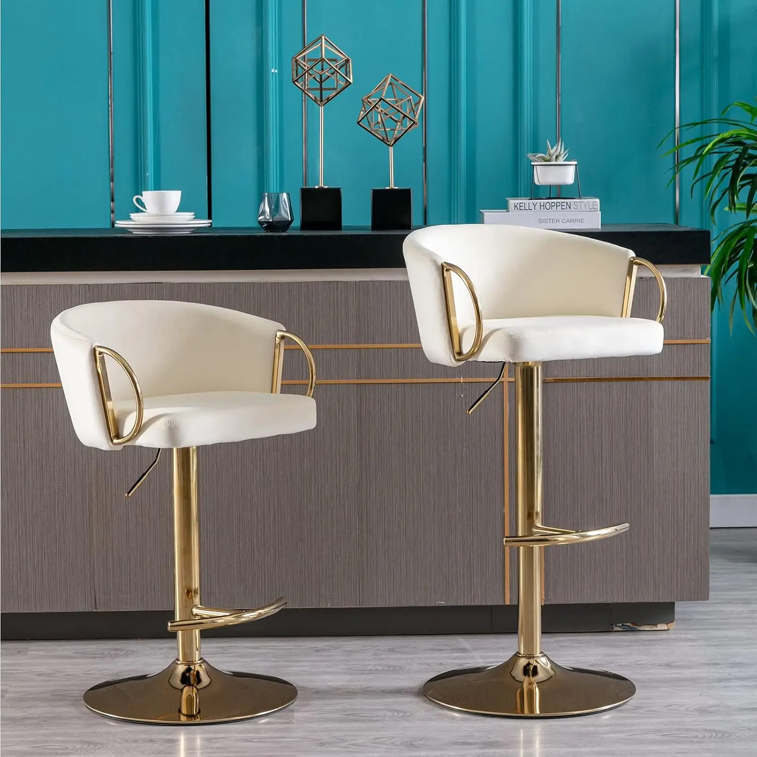 

Bar Stools Set of 4, Modern Adjustable Swivel Counter Height Bar Stool with Back and Gold Arms, Velvet Upholstered Bar