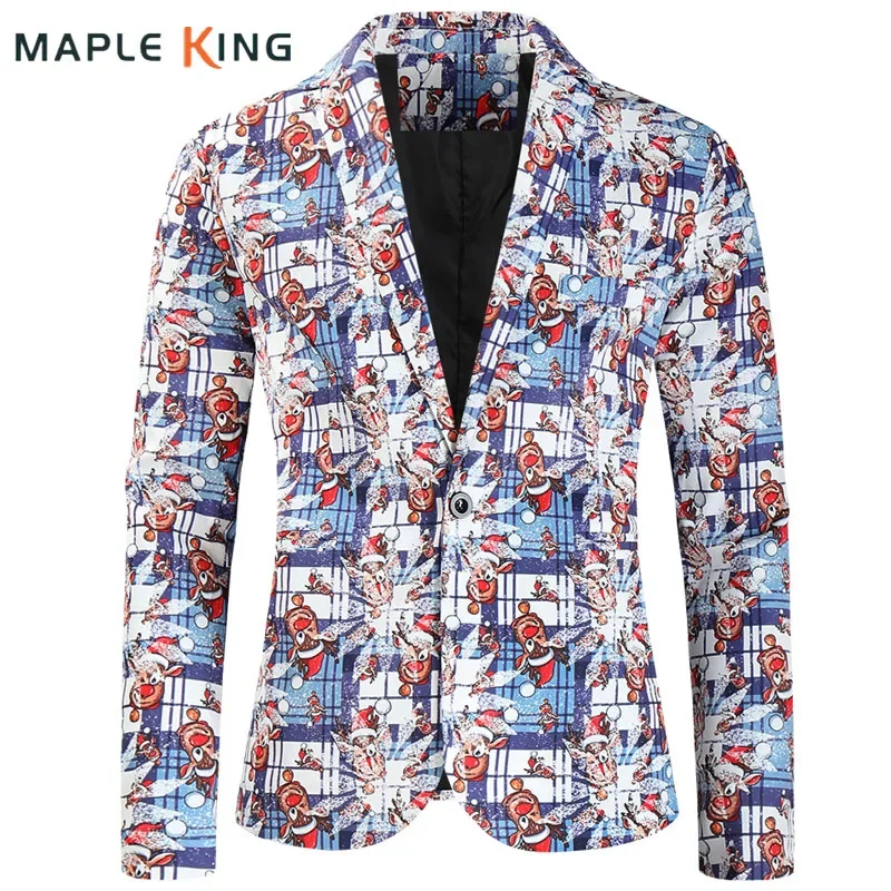 

Christmas Clothes Men Blazer Fashion Plaid Elk Print Single Button Designer Jacket Coats Mens Dress Suits Costume Homme De Luxe