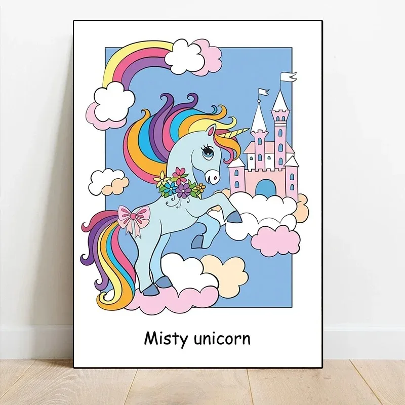 Cartoon Magic Unicorn Poster and Prints Classic Dreams Rainbow Canvas Painting Wall Art Pictures for Living Room Nursery Decor