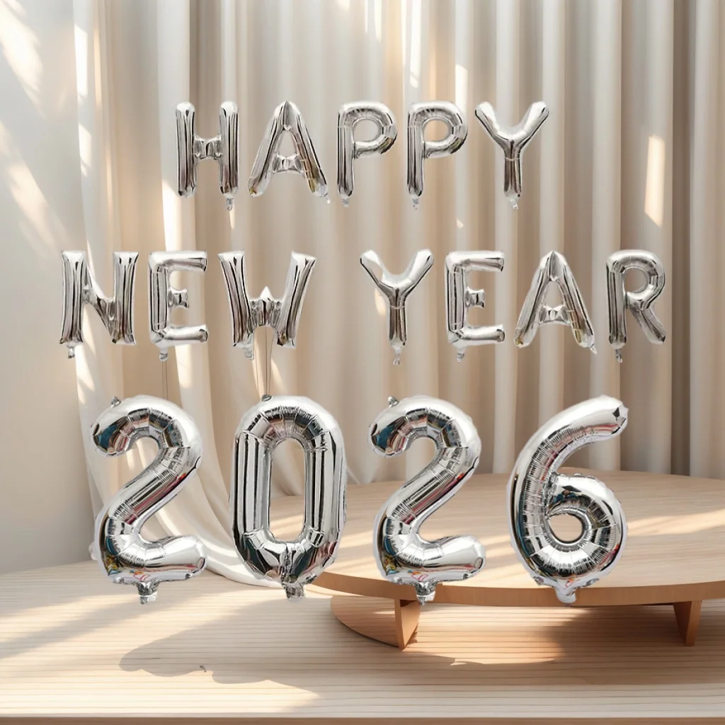 1 Set 2026 Happy New Year Gold & Silver Rose Gold Letter 16-Inch Foil Balloon Set Christmas Eve Home Decor
