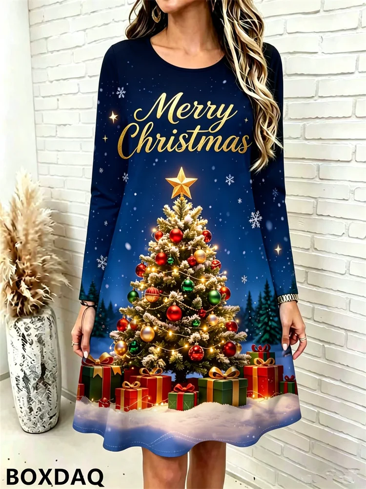 Christmas Tree Pattern Printed Women's Dress New Year Fashion Long Sleeved Round Neck Loose Dress Casual Daily Women's Clothing