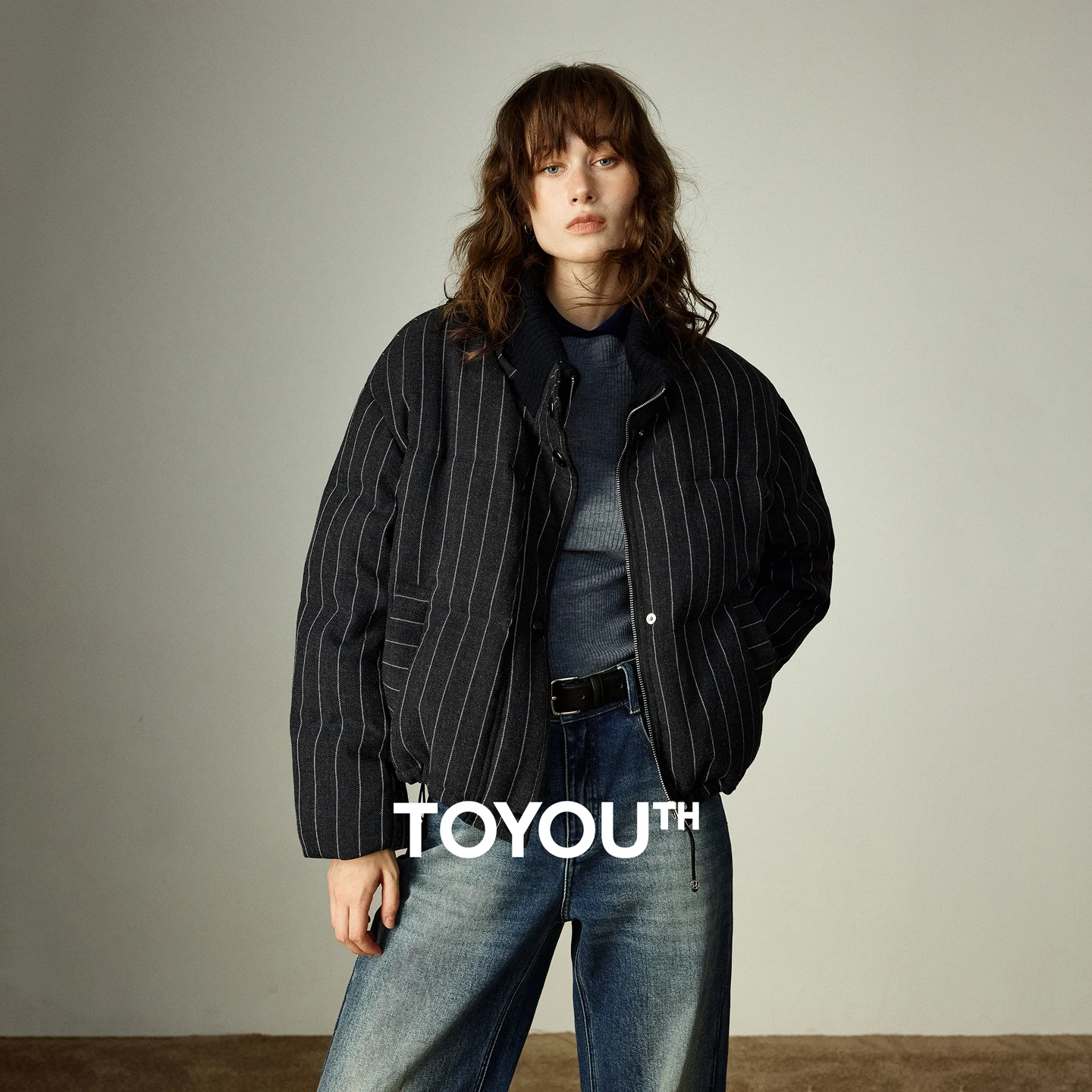 TOYOUTH Women Down Jackets 2025 Winter New Loose Puffer Style Striped High Intellectual Knitted Stand Collar 90% Down Outerwear