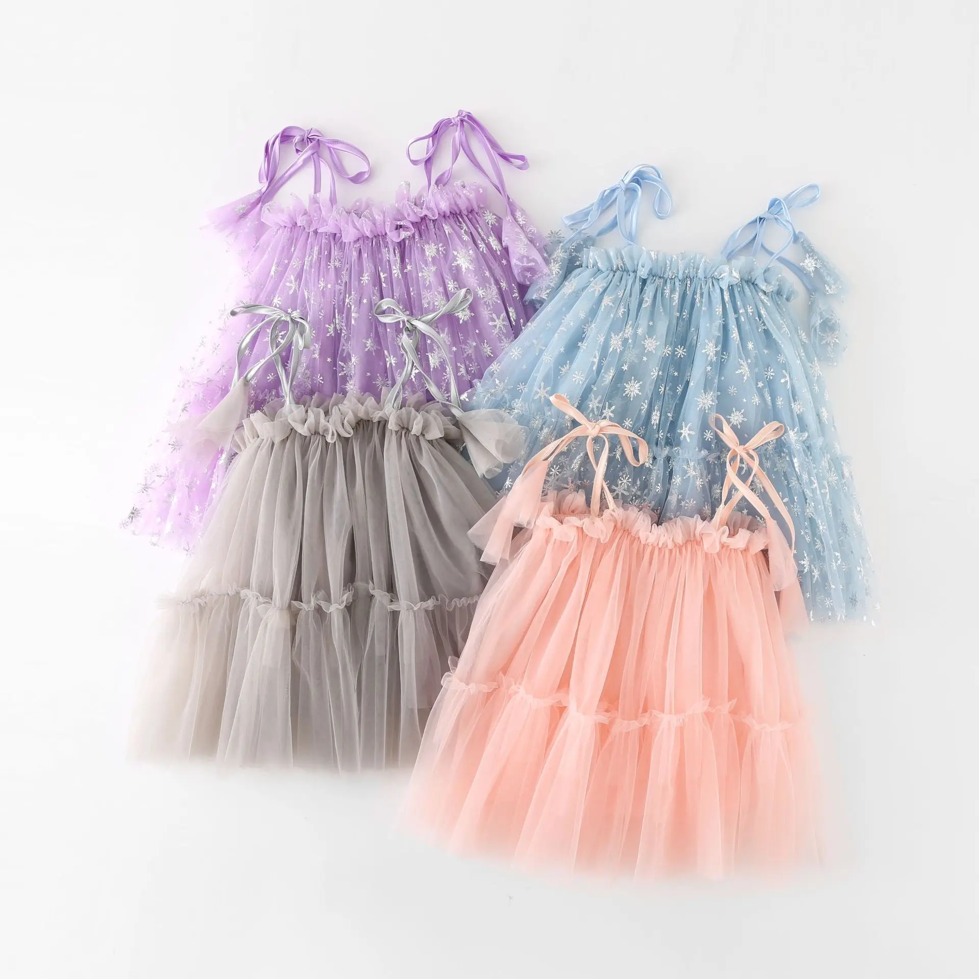 New Baby Girl Dress Solid Color Cake Mesh Snowflake Bow Halter Princess Puffy Skirt Cute Baby Girl Clothes Birthday Costumes