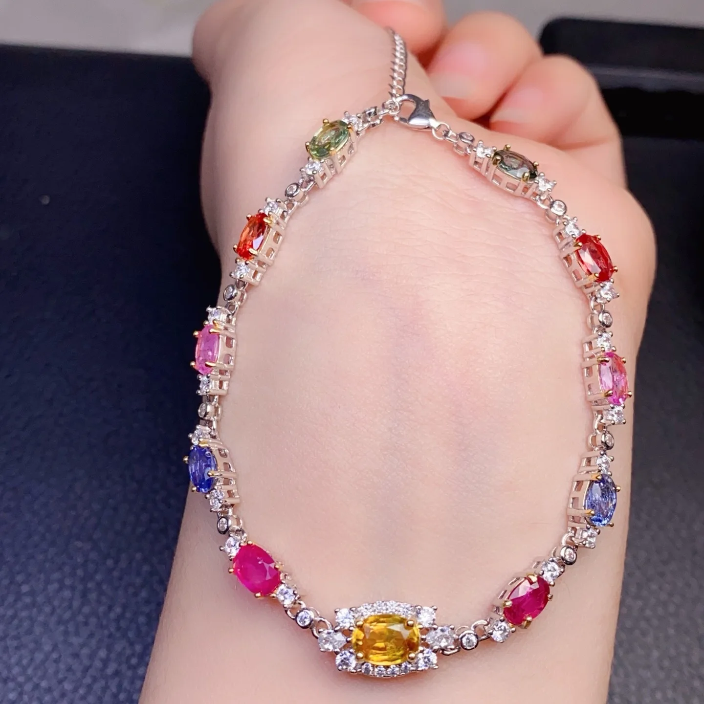 Natural Rainbow Multi Color Sapphire Bracelet 4*5mm Oval Stone White Gold Plated S925 Silver Women Luxury Wrist Jewelry