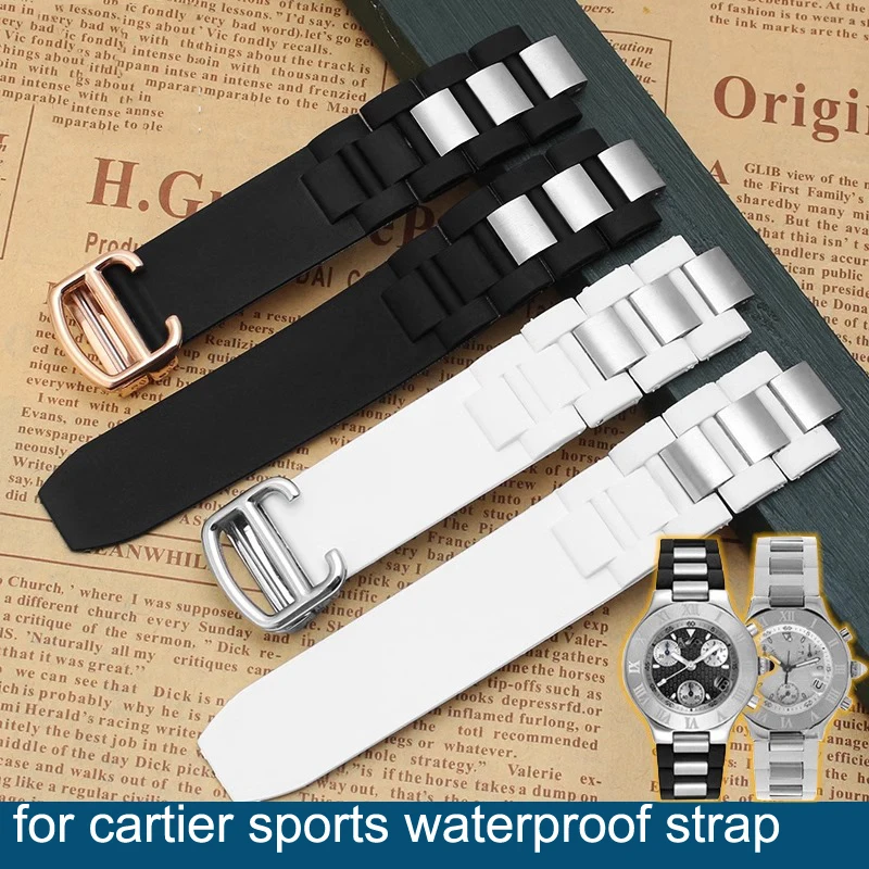 

High quality silicone strap with black and white convex 20*10 mm for cartier sports waterproof Men's watch strap accessories