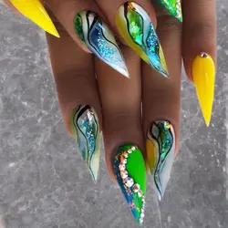 Bling Glitter Stick on False Nails with Rhinestone Press on Nails Long Stiletto Fake Nails Almond Sharped Glossy Glue on Nails