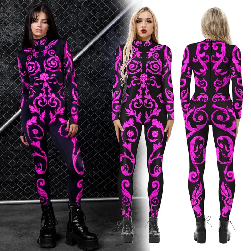 Vipfashion-bodysuit zentai estampado geométrico feminino, traje cosplay Rave verde e rosa, traje zentai feminino, festa de Halloween, feriado