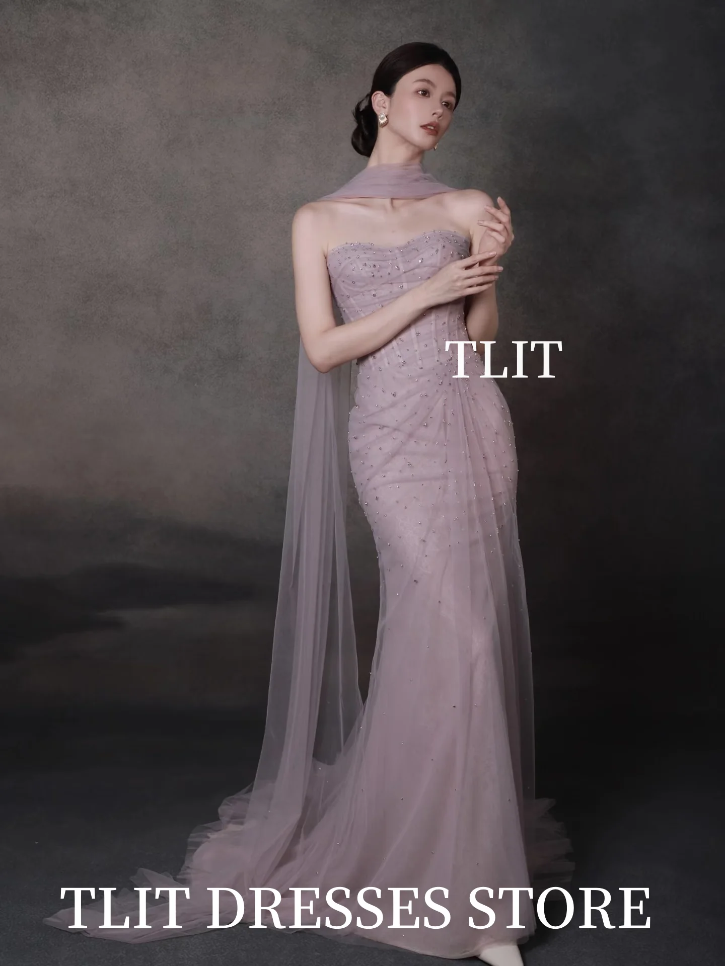 TLIT Gaun Pengantin Tulle Sutra Ungu Elegan 웨딩드레스 Selendang Panjang Mutiara Sayang Gaun Pengantin Korea Pemotretan Sesuai Pesanan