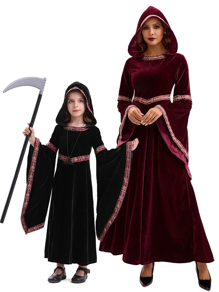 

Halloween Parent-Child Performance Costume Party Performance Red Wine Color Dress European Medieval Style Women's Clo...