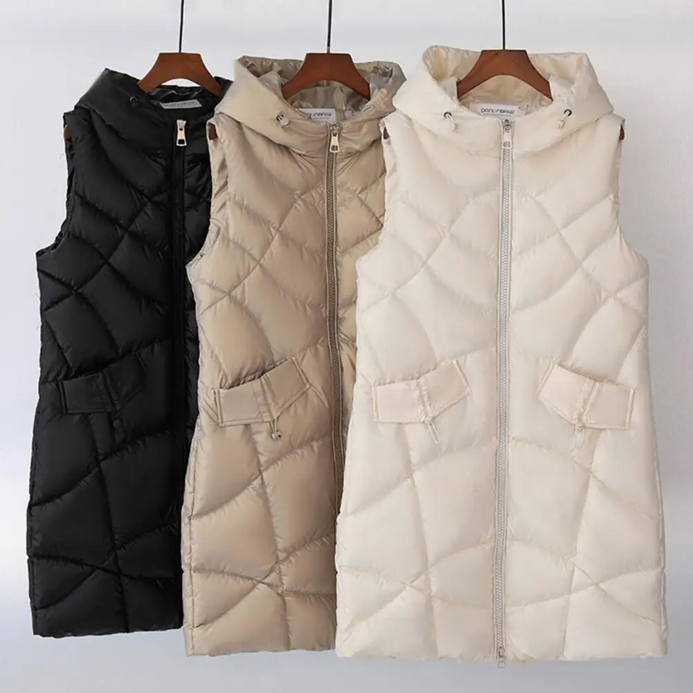 Autumn Winter Women Cotton Coat Jacket Cold Resistant Stand Collar Mid Length Sleeveless Hooded Vest Padded Zipper Female Coat