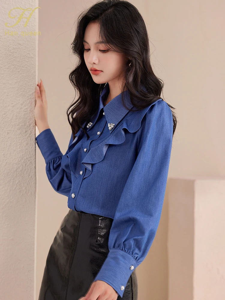 H Han Queen 2024 Autumn Vintage Bead Ruffles Office Lady Blouse Female Shirt Long Sleeve Casual Tops Korean Women Loose Blouses