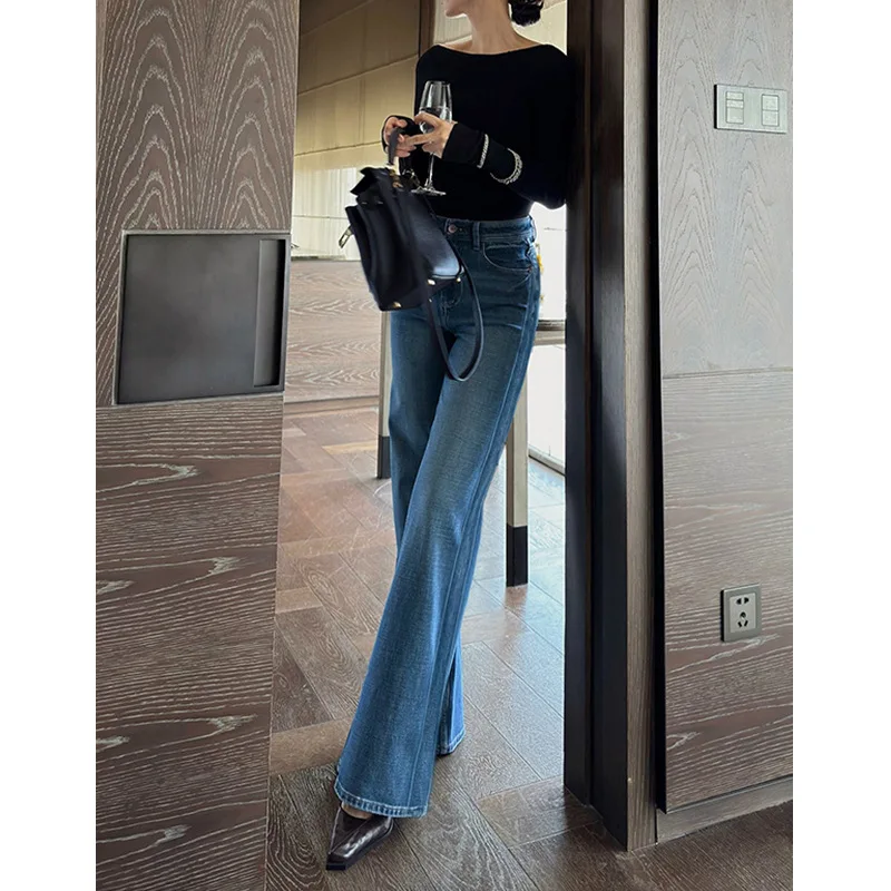 

Blue Bell Bottom Jeans High Waist Cotton Stretchy Spring New Style Versatile Loose Fit Elegant Style Casual Comfortable Jeans