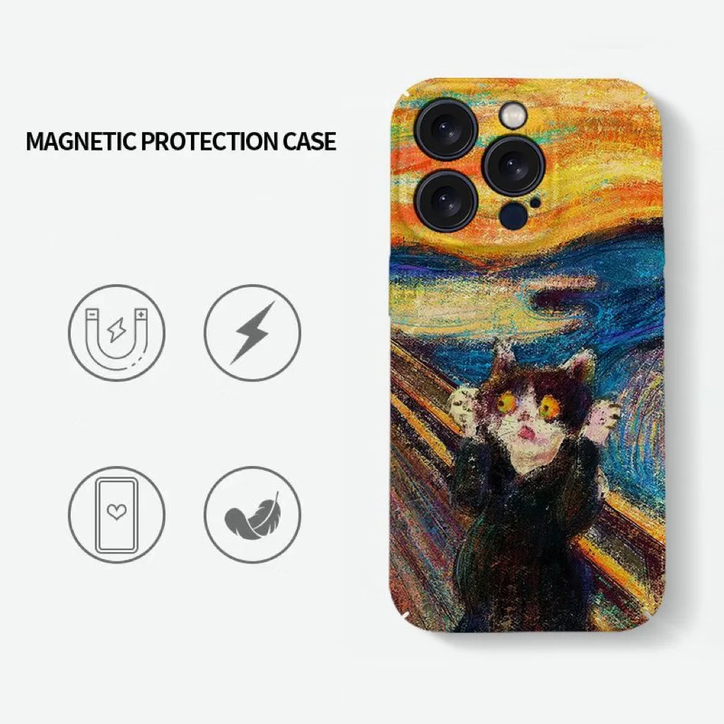 Retro Oil Painting Cat Magnetic Case for IPhone 16 15 14 13 Pro Max Back Phone Cover for 12 11 Pro 16 Plus 8 7 XS Acrylic Cover