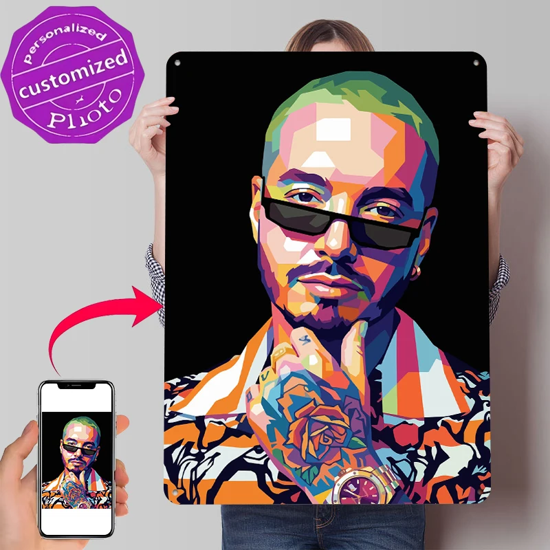 J Balvin Pop Art Portrait Poster Customized Vintage Metal Signs Wall Art Retro Tin Plaque for Apartment Decoration Room Man Cave