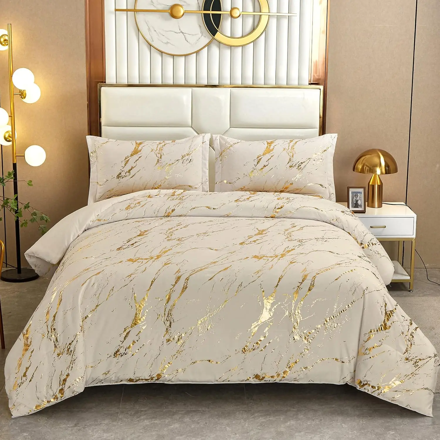 

Khaki Gold Metallic Marble Comforter Set Queen Size with 2 Pillowcases, Soft Microfiber All Seasons Bedding