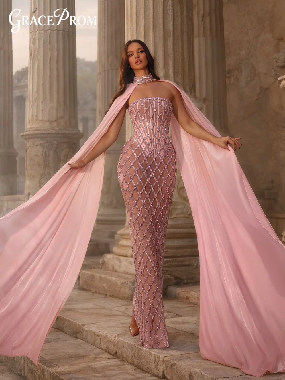 

Элегантное светло-розовое прямое длинное платье с пышным вырезом, без бретелек, с длинными рукавами-накидкой, для вечеринок, свадеб и торжественных мероприятий.