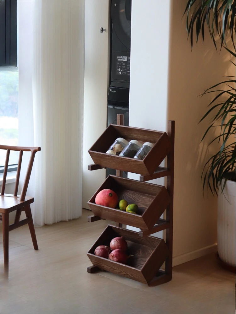 All-solid wood fruit and vegetable snacks multi-floor shelf storage retro black walnut living room kitchen small apartment