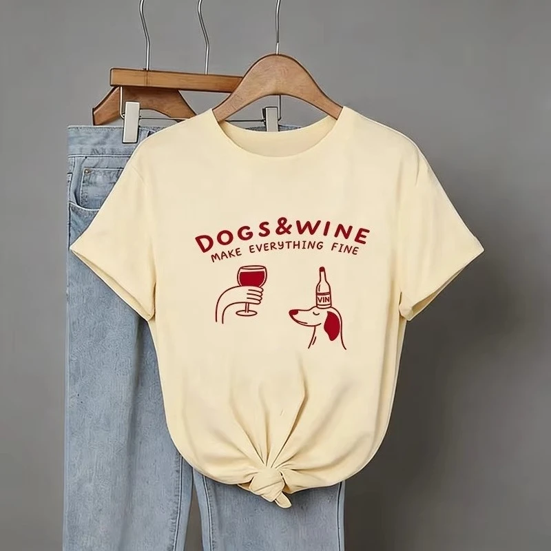 Women's Funny T Shirt with Trendy Cartoon Puppy and Red Wine Pattern Letter Print 90s Casual Summer Short Sleeve Tshirt Clothes