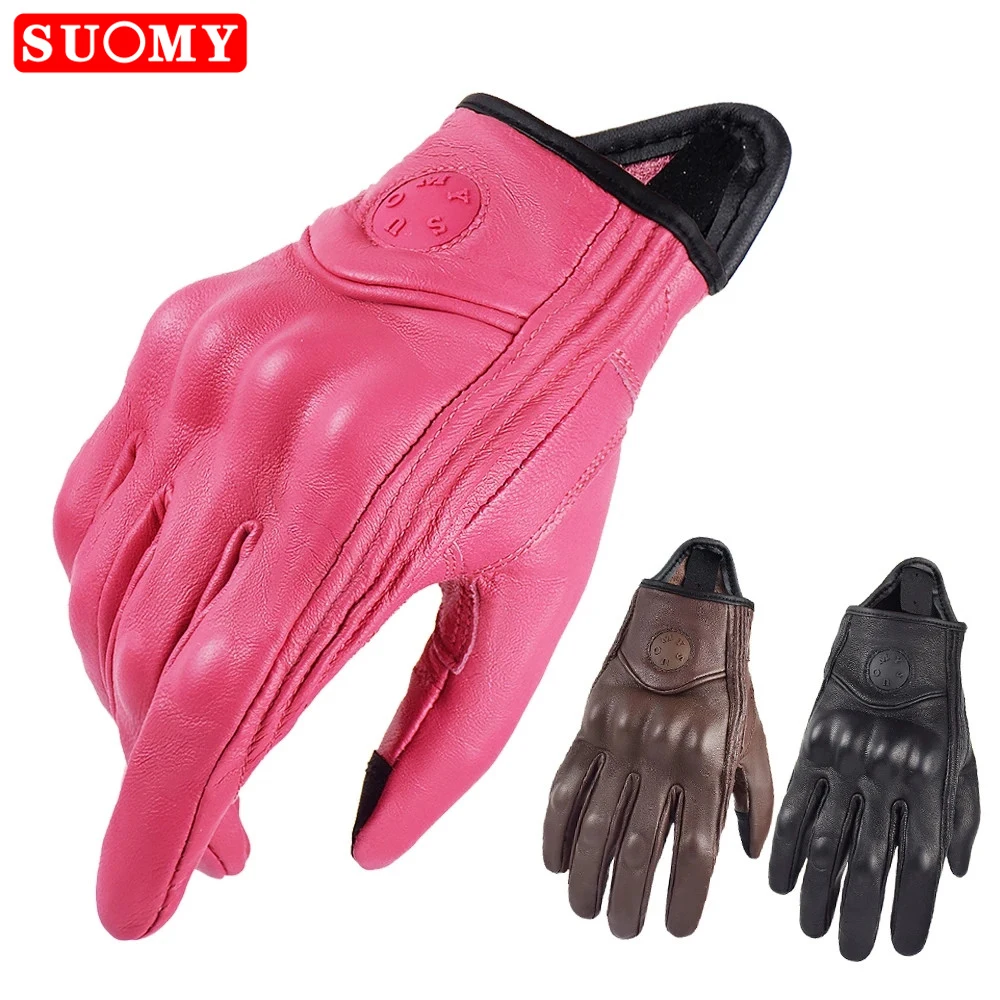Suomy Retro Goatskin Motorcycle Gloves Summer Leather Motorbike Motocross Riding Gloves Brown Unisex