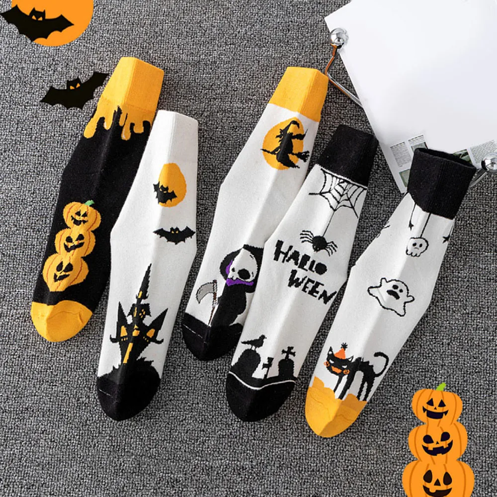 Creative Pumpkin Printed Women Socks Halloween Socks Cosplay Long Socks Bone Web Men Socks Casual Black White Socks Couple Socks