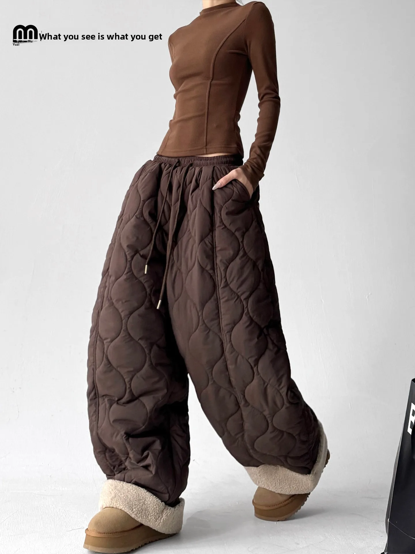 

Winter 2025 New Korean Sle Warm Anti-Cold Stitched Dstring Casual Cotton Pants High Waist Straight Leg Skiing Suitable