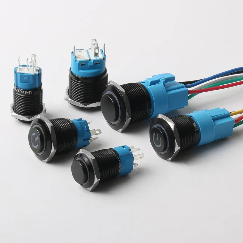 

12/16/19/22mm Push Button Switch Raised Head Fixed/Latching Momentary Power Car Start Stop Black LED 3/6/12/24/110V/220V ON off
