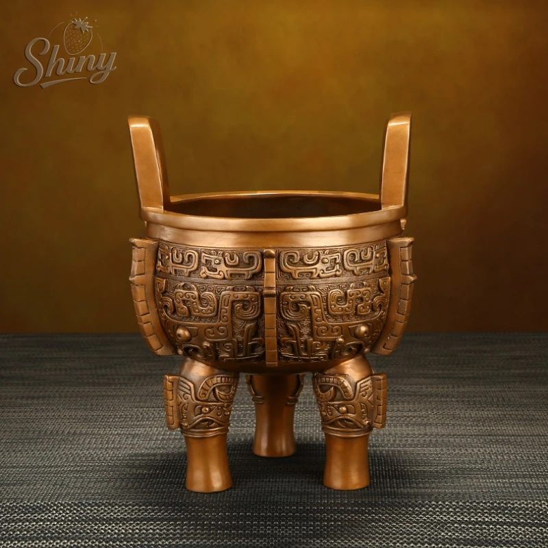

Chinese style double-eared antique tripod copper tripod pattern incense burner for worship collection decorative ornament