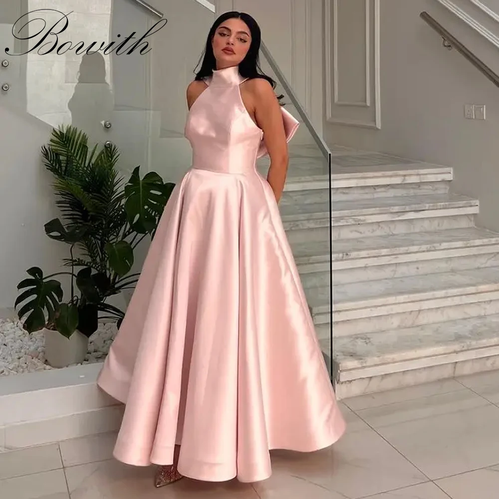 

Bowith Pink Satin Evening Dresses Women High Collar Sleeveless A-Line Draped Prom Dresses Customized Gown Party Dresses