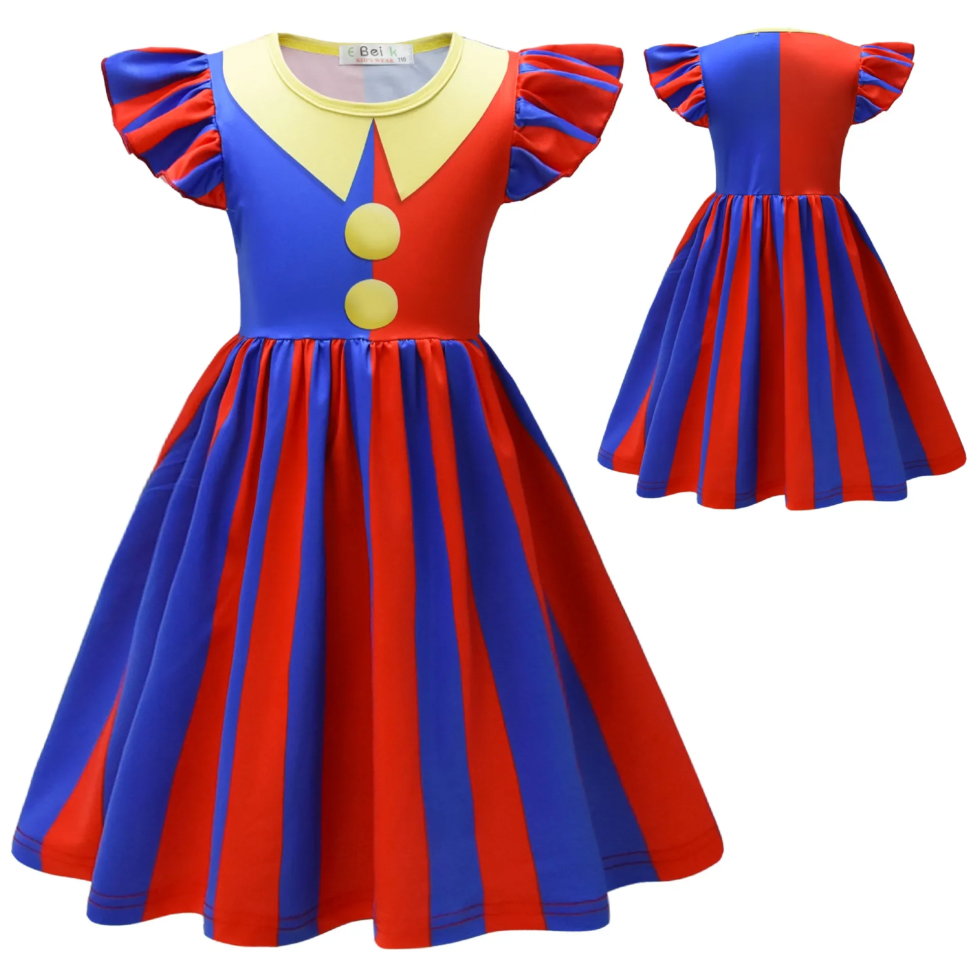 Kids Girls Anime Cartoon Ruffle Short Sleeves Circus Clown Pomni Princess Dress Outfit Role Play Halloween Cosplay Costume