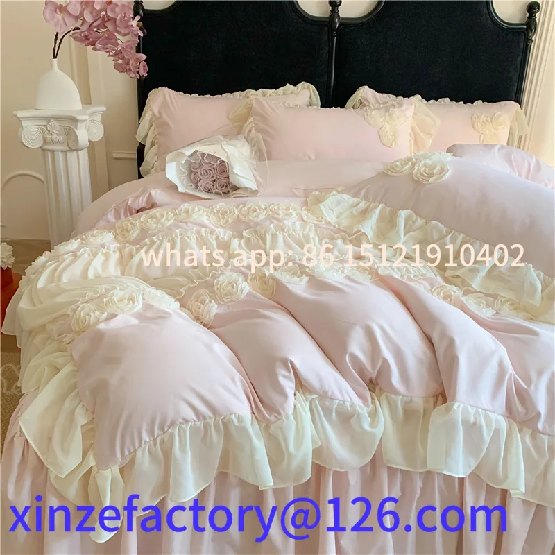 

Customizable French Princess Wind Washed Cotton Bed Skirt Four-piece Set