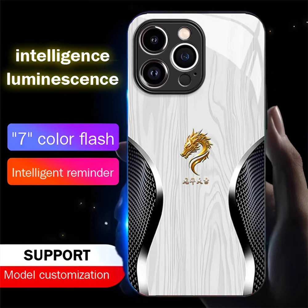 

Wood Grain Dragon Emblem Sound Music Control Led Light Phone Case Glowing Cover For Honor 200 100 90 80 70 60 50 30 Pro