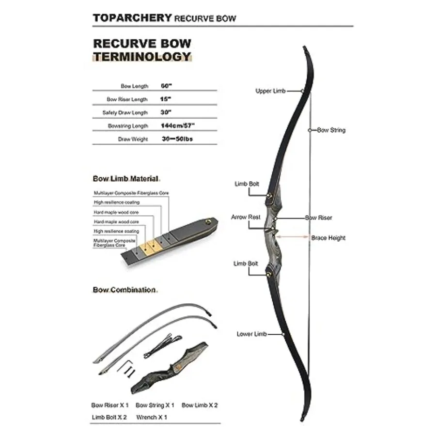 60 '' Tiro con l'arco Arco ricurvo Takedown Arco da caccia Arco e frecce Set Pratica bersaglio per adulti Concorso Sopravvivenza Arco lungo Mano destra 3