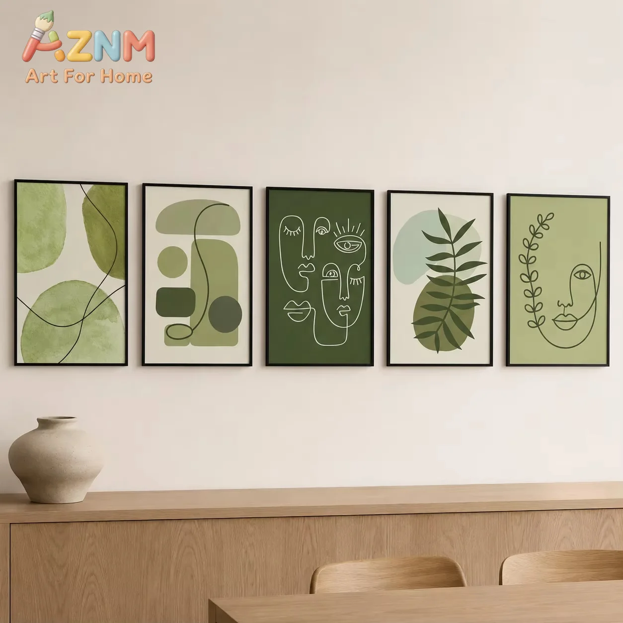 Sage Green Abstract Line Art Canvas Gallery Wall Prints Minimalist Geometric Leaf Face Wall Art Boho Neutral Modern Home Decor