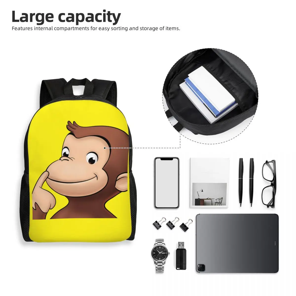 Brown Monkey Curious George Backpacks for Men Women College School Students Bookbag Fits 15 Inch Laptop TV series Bags