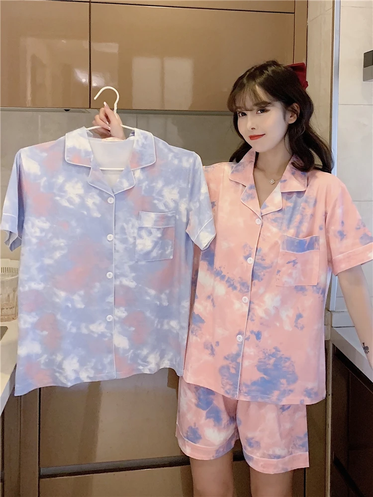 Tie-dyed Printed Nightwear Women Pajama Set Summer Short Sleeve Top and Shorts Suit Casual Loose Homewear Outside Pijamas Set