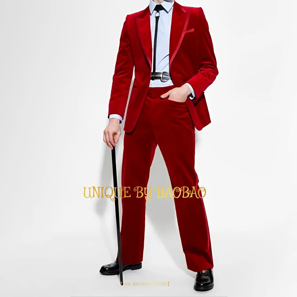 Men's Red Velvet 2 Piece Suit (Jacket + Pants) Satin Peak Lapel Blazer Wedding Fashion Events Birthday Xmas Prom Party Tuxedo