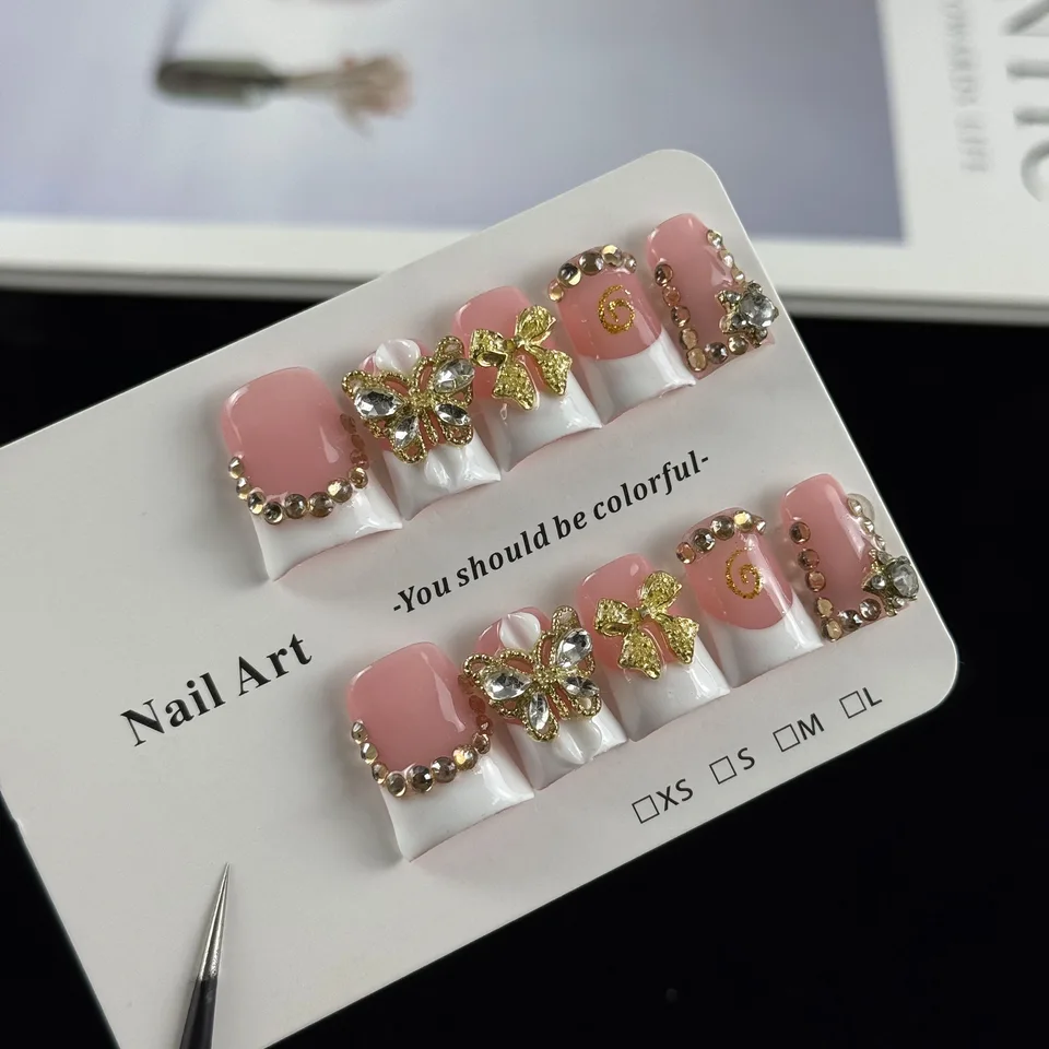 10 Piezas Uñas Postizas Hechas a Mano de Alta Gama Estilo Lujoso y Elegante, con Mariposas y Moños Tridimensionales Pintados a Mano y Diamantes Brillantes 2