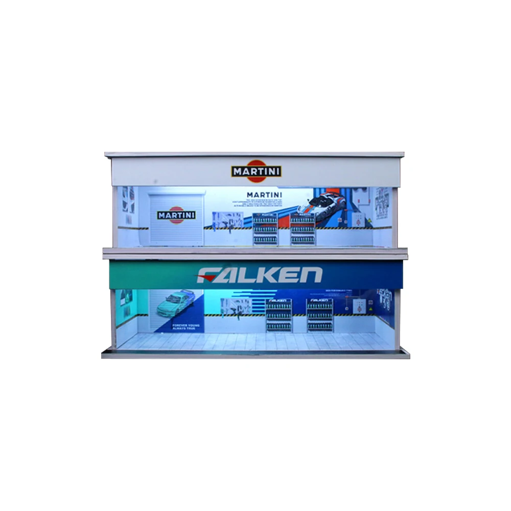 MoreArt 1:64 Diorama, Parking modèle Falken/Martini, atelier de réparation d'assemblage avec lumières, boîte de rangement de modèles