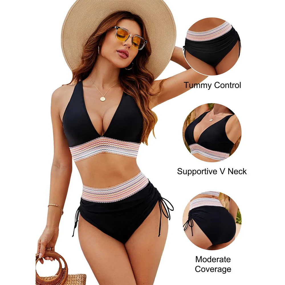Women High Waisted Bikini Sets Tummy Control Swimsuits Color Block Two Piece Drawstring Bathing Suit Beach Swimwear