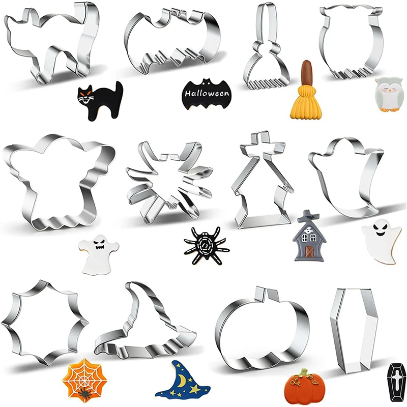 LMETJMA 12-teiliges Halloween-Ausstechformen-Set aus Edelstahl, Fledermaus-Geist-Ausstecher, Formen, Halloween-Ausstecher, Stempel JT553