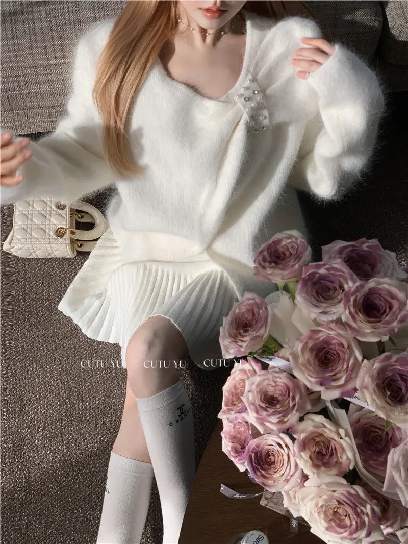 

Mohair Bow Sweater For Women Autumn And Winter Gentle And Lazy White Loose Pullover Sweater Top